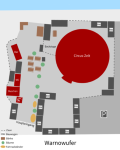 Einem Illustration vom Geländeplan des Platz des Circus Fantasia, welche die wichtigsten Orte darstellt.