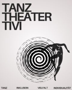 Der Schriftzug "Tanz Theater Tivi" auf weißen Hintergrund, darunter ein schwarze Spirale und eine schwarze, tanzende Gestalt