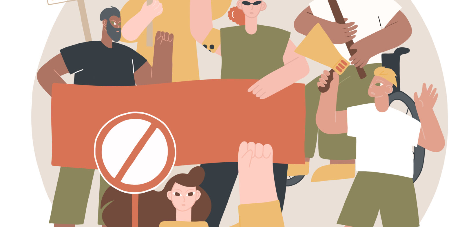 Ein Illustration protestierender Menschen mit und ohne Behinderung