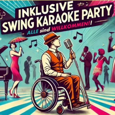 Eine Illustration von einem Mann im Roll, der in ein Mikro singt Im Hintergrund tanzen verschiedene Menschen. Alle tragen Kleider oder Anzüge und entsprechen der Swing-Mode.