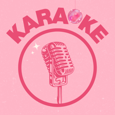 Eine Illustration eines Mikrofons auf rosa Hintergrund mit dem Schriftzug "Karaoke" darüber, das "O" von Karaoke ist eine Discokugel