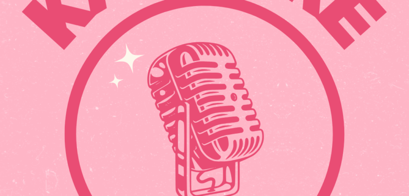 Eine Illustration eines Mikrofons auf rosa Hintergrund mit dem Schriftzug "Karaoke" darüber, das "O" von Karaoke ist eine Discokugel