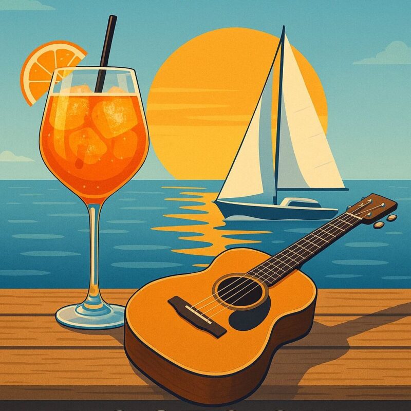 Eine Illustration von einem Aperol und einer Gitarre - im Hintergrund der Sonnenuntergang über der Warnow und ein Segelboot
