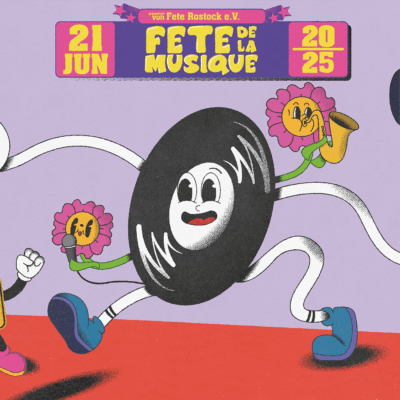 Eine Illustration einer Vinylscheibe, die mit Blümchen au der Schulter fröhlich durch eine Landschaft läuft, darüber der Schriftzug "Fête de la Musique"