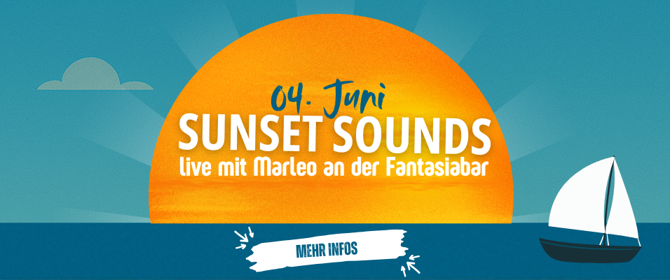 Eine Illustration eines Sonnenuntergangs über der Warnow mit dem Schriftzug "04. Juni - Sunset Sounds - Live mit Marleo an der Fantasiabar"