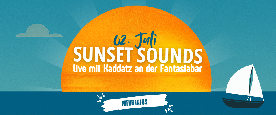 Eine Illustration eines Sonnenuntergangs über der Warnow mit dem Schriftzug "02. Juli - Sunset Sounds - Live mit Kaddatz an der Fantasiabar"