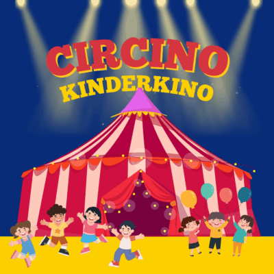 Eine Illustration eines Circuszeltes auf blauem Hintergrund, davor stehen lachenende Kinder, darüber der mit Scheinwerfern beleuchtete Schriftzug "Circino - Kinderkino"