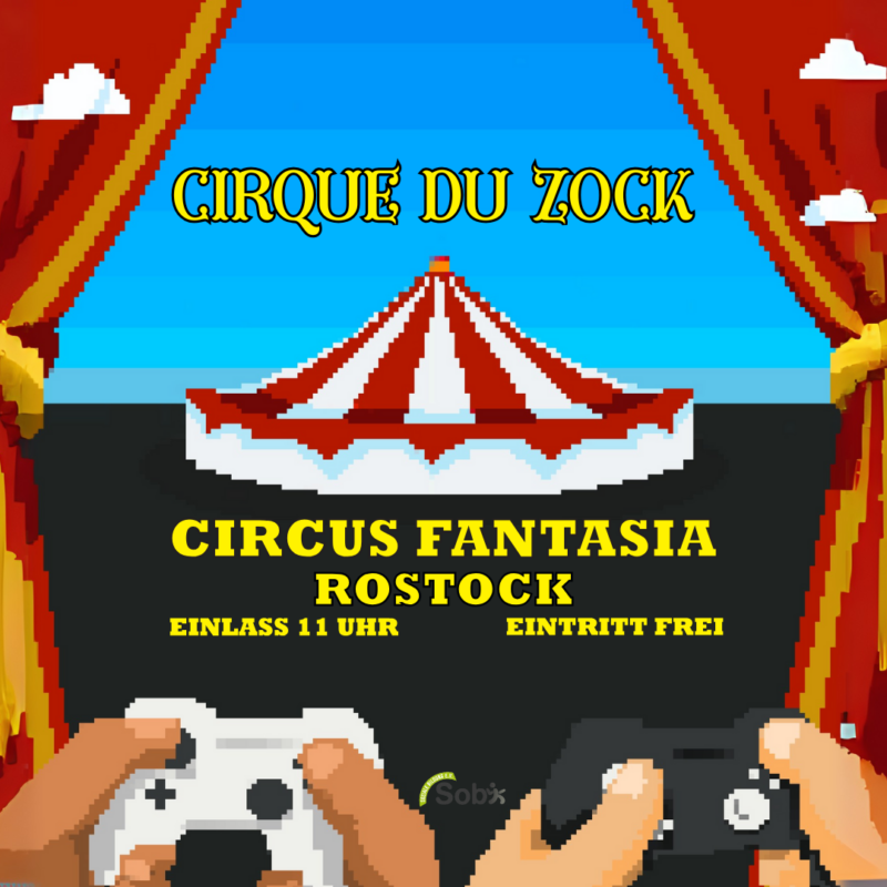 Eine verpixelte Grafik - im Pacman-Stil - von einem Zirkuszelt mit zwei Vorhänge und zwei Händen, die Playstation spielen