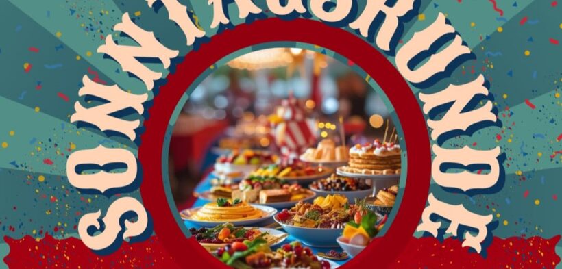 grün gestreifter Hintergrund in Zirkuszeltoptik mit einem Kreisrunden Frühstücksbrunch-Bild in der Mitte und dem Schriftzug "Sonntagsrunde" drum herum