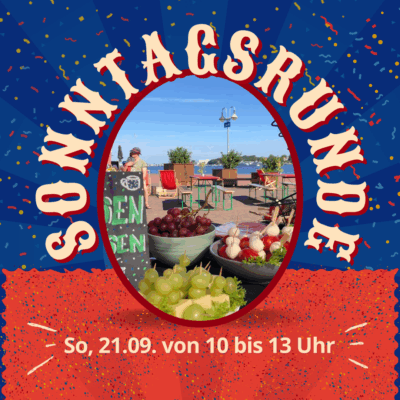 blau gestreifter Hintergrund in Zirkuszeltoptik mit einem ovalen Frühstücksbrunch-Bild in der Mitte und dem Schriftzug "Sonntagsrunde" drum herum, darunter ein rotes Rechteck mit der Zusatzinformation "So, 21.09. von 10 bis 13 Uhr"