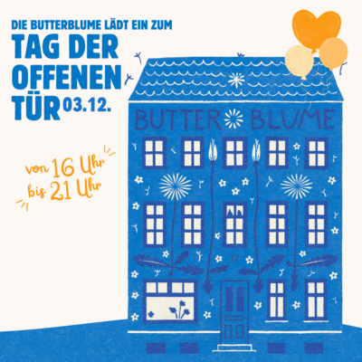 Ein illustriertes, blaues Haus auf weißen Hintergrund mit dem Schriftzug "Tag der offenen Tür"